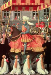 Luigi XII (1462-1515) entra a Genova sotto un baldacchino, seguito da quattro cardinali, dalle 